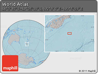 Gray Location Map of the Area around 47° 49' 20" S, 172° 37' 30" E, hill shading