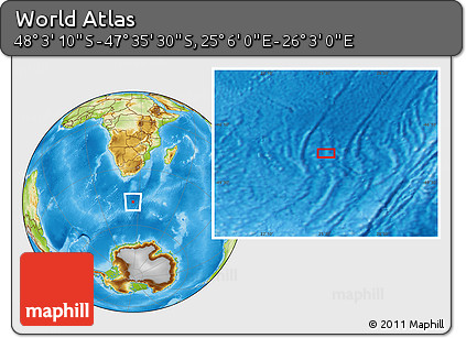 Physical Location Map of the Area around 47° 49' 20" S, 25° 34' 30" E
