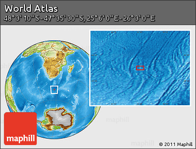 Physical Location Map of the Area around 47° 49' 20" S, 25° 34' 30" E