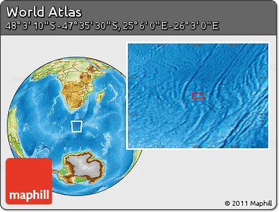 Physical Location Map of the Area around 47° 49' 20" S, 25° 34' 30" E