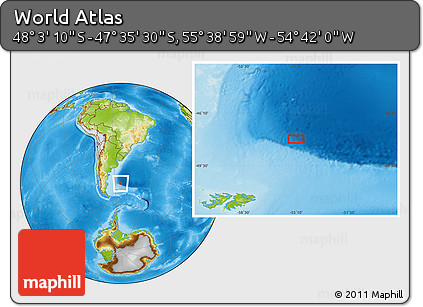 Physical Location Map of the Area around 47° 49' 20" S, 55° 10' 29" W