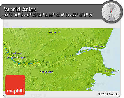 Physical 3D Map of the Area around 47° 49' 20" S, 66° 13' 29" W