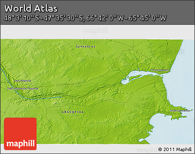 Physical 3D Map of the Area around 47° 49' 20" S, 66° 13' 29" W