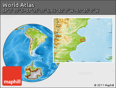 Physical Location Map of the Area around 47° 49' 20" S, 66° 13' 29" W
