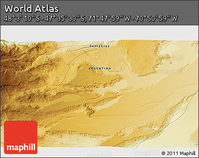 Physical 3D Map of the Area around 47° 49' 20" S, 71° 19' 29" W