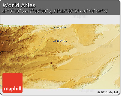 Physical 3D Map of the Area around 47° 49' 20" S, 71° 19' 29" W