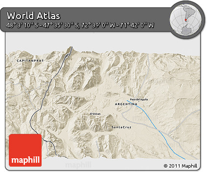 Shaded Relief 3D Map of the Area around 47° 49' 20" S, 72° 10' 30" W