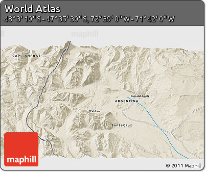 Shaded Relief 3D Map of the Area around 47° 49' 20" S, 72° 10' 30" W