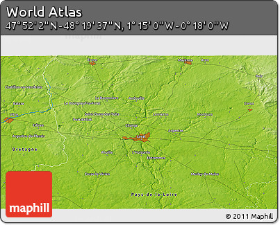 Physical 3D Map of the Area around 48° 5' 50" N, 0° 46' 30" W