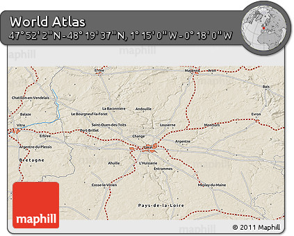 Shaded Relief 3D Map of the Area around 48° 5' 50" N, 0° 46' 30" W