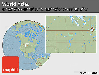 Savanna Style Location Map of the Area around 48° 5' 50" N, 100° 13' 29" W, hill shading