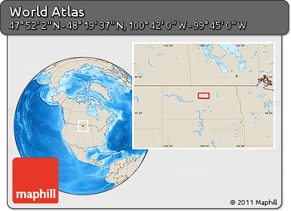 Shaded Relief Location Map of the Area around 48° 5' 50" N, 100° 13' 29" W
