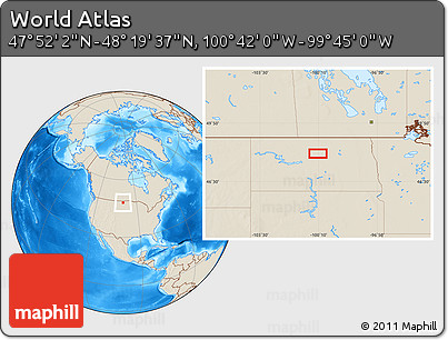 Shaded Relief Location Map of the Area around 48° 5' 50" N, 100° 13' 29" W
