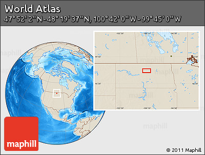 Shaded Relief Location Map of the Area around 48° 5' 50" N, 100° 13' 29" W