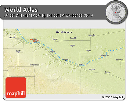 Physical 3D Map of the Area around 48° 5' 50" N, 101° 4' 29" W