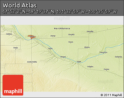 Physical 3D Map of the Area around 48° 5' 50" N, 101° 4' 29" W