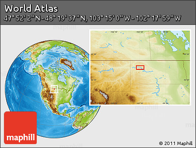 Physical Location Map of the Area around 48° 5' 50" N, 102° 46' 30" W