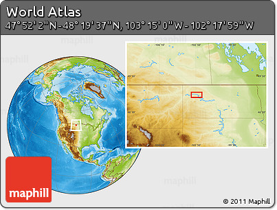 Physical Location Map of the Area around 48° 5' 50" N, 102° 46' 30" W