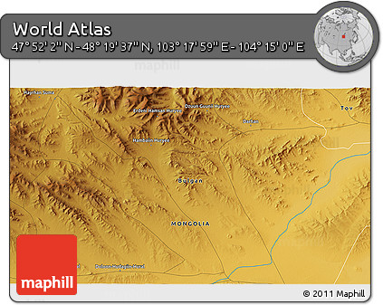 Physical 3D Map of the Area around 48° 5' 50" N, 103° 46' 30" E