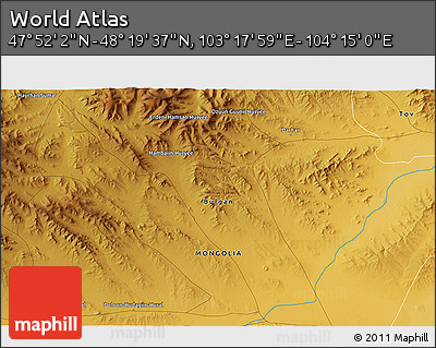 Physical 3D Map of the Area around 48° 5' 50" N, 103° 46' 30" E