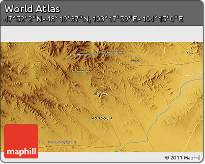 Physical 3D Map of the Area around 48° 5' 50" N, 103° 46' 30" E