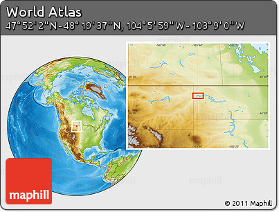 Physical Location Map of the Area around 48° 5' 50" N, 103° 37' 30" W