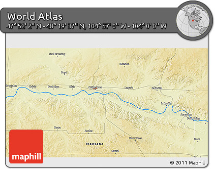 Physical 3D Map of the Area around 48° 5' 50" N, 104° 28' 29" W