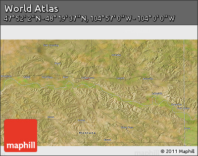 Satellite 3D Map of the Area around 48° 5' 50" N, 104° 28' 29" W