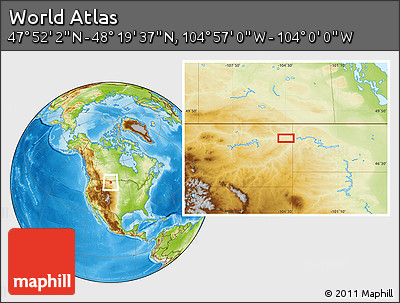 Physical Location Map of the Area around 48° 5' 50" N, 104° 28' 29" W