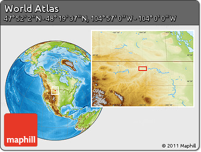 Physical Location Map of the Area around 48° 5' 50" N, 104° 28' 29" W