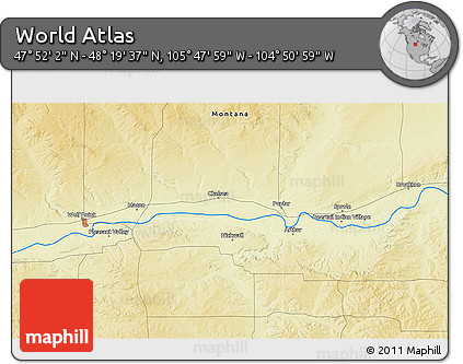 Physical 3D Map of the Area around 48° 5' 50" N, 105° 19' 29" W