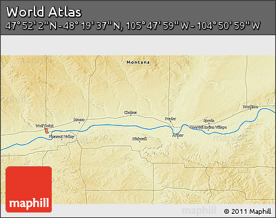 Physical 3D Map of the Area around 48° 5' 50" N, 105° 19' 29" W