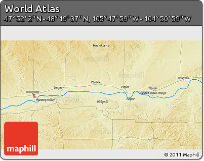 Physical 3D Map of the Area around 48° 5' 50" N, 105° 19' 29" W