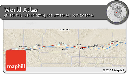 Shaded Relief Panoramic Map of the Area around 48° 5' 50" N, 105° 19' 29" W