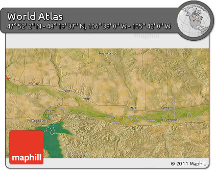 Satellite 3D Map of the Area around 48° 5' 50" N, 106° 10' 30" W