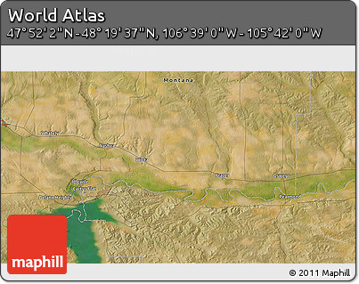 Satellite 3D Map of the Area around 48° 5' 50" N, 106° 10' 30" W