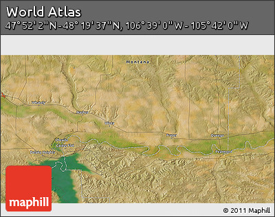 Satellite 3D Map of the Area around 48° 5' 50" N, 106° 10' 30" W