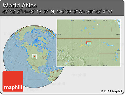 Savanna Style Location Map of the Area around 48° 5' 50" N, 106° 10' 30" W, hill shading