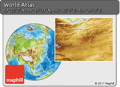 Physical Location Map of the Area around 48° 5' 50" N, 107° 10' 30" E