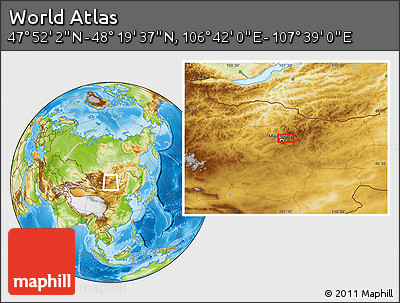 Physical Location Map of the Area around 48° 5' 50" N, 107° 10' 30" E