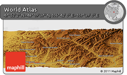Physical Panoramic Map of the Area around 48° 5' 50" N, 107° 10' 30" E