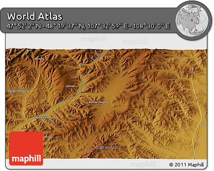 Physical 3D Map of the Area around 48° 5' 50" N, 108° 1' 30" E