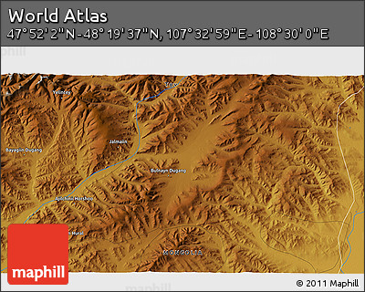 Physical 3D Map of the Area around 48° 5' 50" N, 108° 1' 30" E