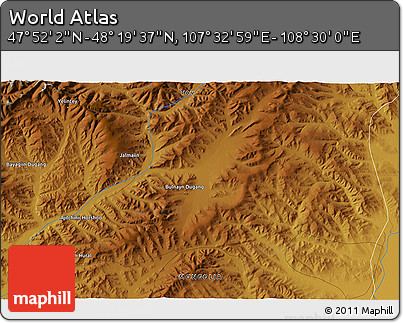 Physical 3D Map of the Area around 48° 5' 50" N, 108° 1' 30" E