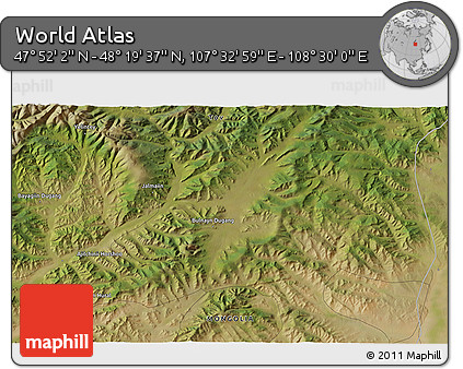 Satellite 3D Map of the Area around 48° 5' 50" N, 108° 1' 30" E