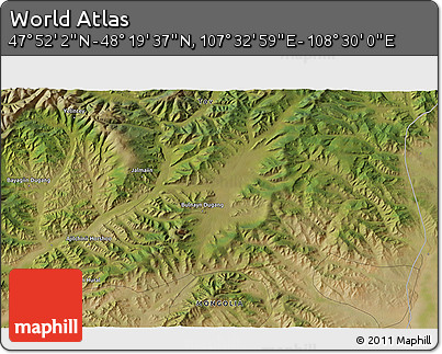 Satellite 3D Map of the Area around 48° 5' 50" N, 108° 1' 30" E