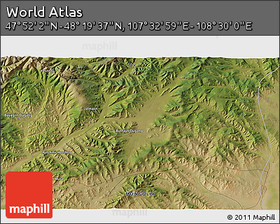 Satellite 3D Map of the Area around 48° 5' 50" N, 108° 1' 30" E