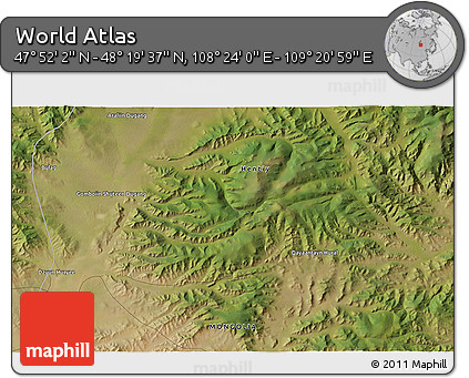Satellite 3D Map of the Area around 48° 5' 50" N, 108° 52' 30" E