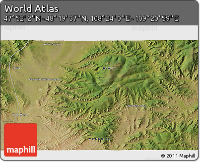 Satellite 3D Map of the Area around 48° 5' 50" N, 108° 52' 30" E