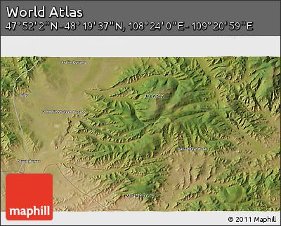 Satellite 3D Map of the Area around 48° 5' 50" N, 108° 52' 30" E